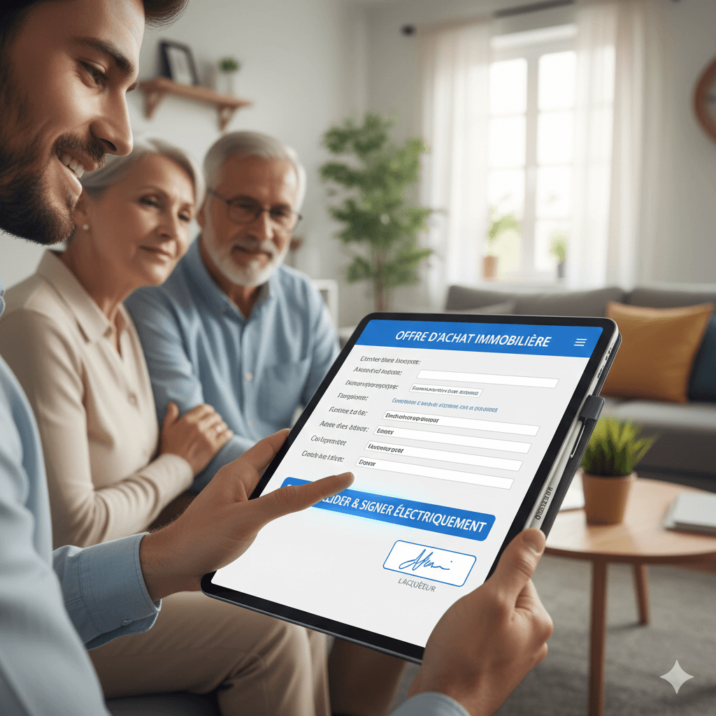 Agent immobilier présentant une offre d'achat sur tablette